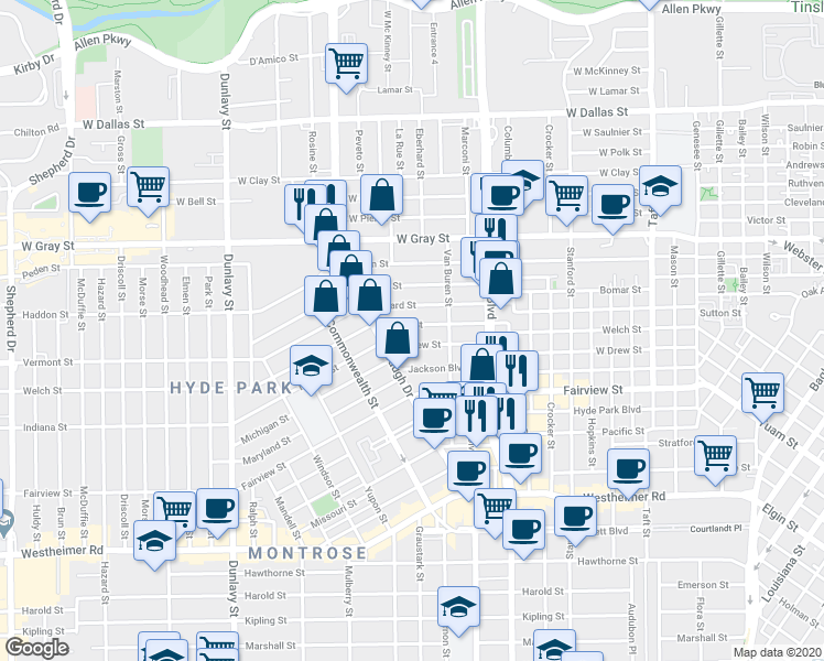 map of restaurants, bars, coffee shops, grocery stores, and more near 1225 West Drew Street in Houston