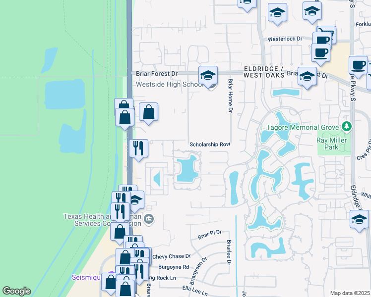 map of restaurants, bars, coffee shops, grocery stores, and more near 14323 Belle River Lane in Houston