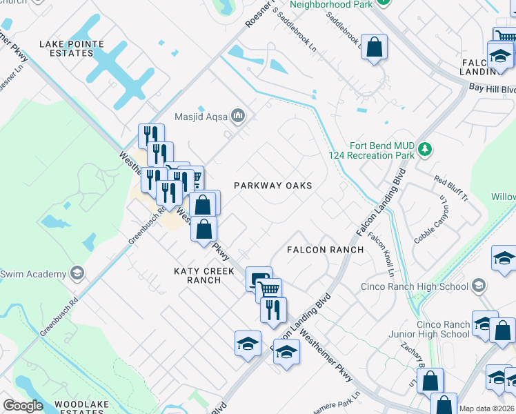 map of restaurants, bars, coffee shops, grocery stores, and more near 25122 Southbriar Lane in Katy