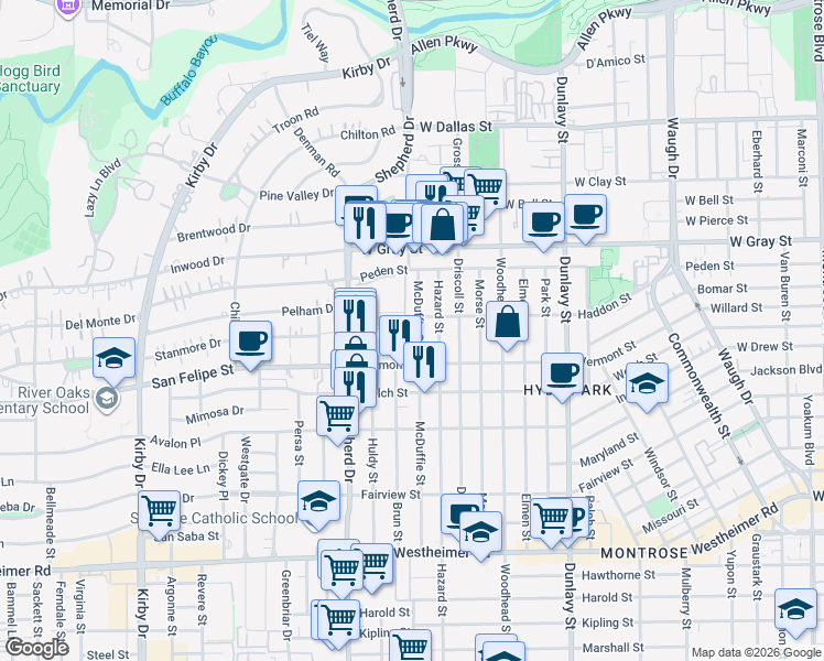 map of restaurants, bars, coffee shops, grocery stores, and more near 1816 Hazard Street in Houston
