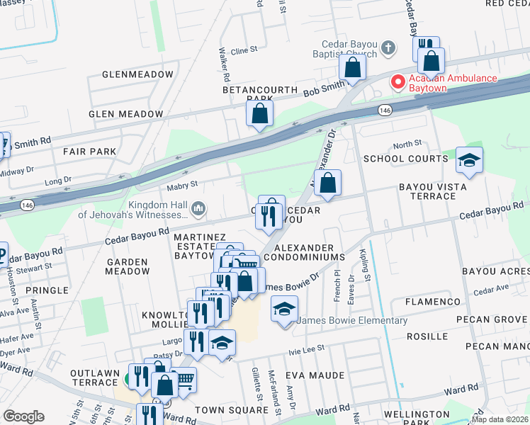 map of restaurants, bars, coffee shops, grocery stores, and more near 1410 Cedar Bayou Road in Baytown