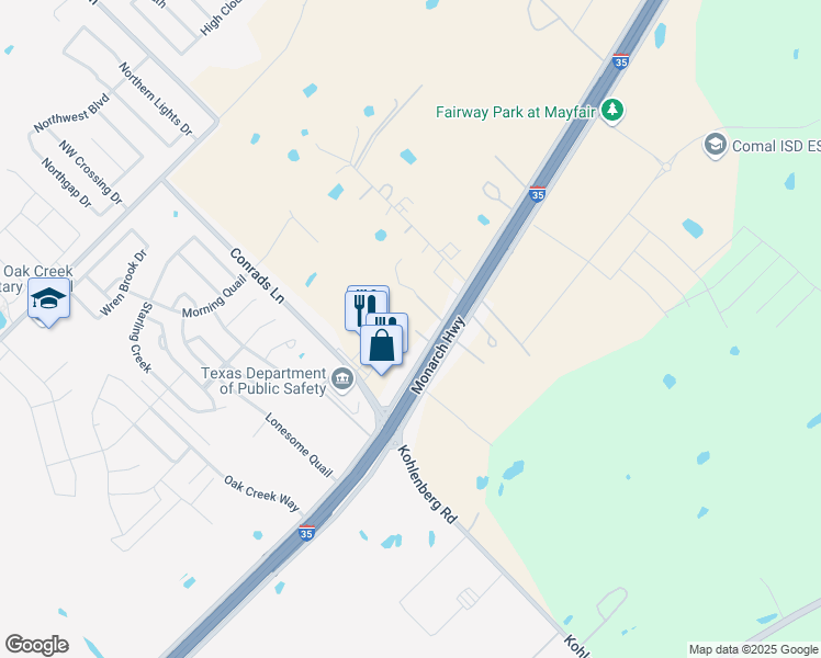 map of restaurants, bars, coffee shops, grocery stores, and more near 5225 Interstate Highway 35 South in New Braunfels