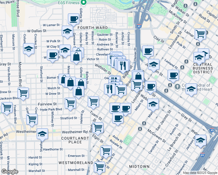 map of restaurants, bars, coffee shops, grocery stores, and more near 4 Hadley Street in Houston