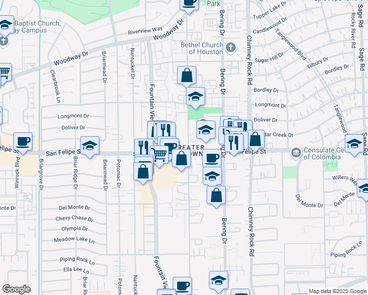 map of restaurants, bars, coffee shops, grocery stores, and more near 1601 Augusta Drive in Houston