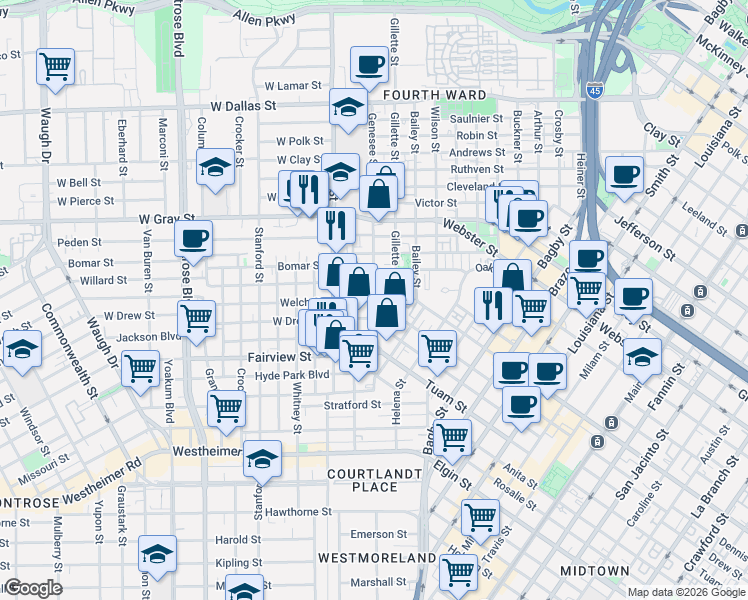 map of restaurants, bars, coffee shops, grocery stores, and more near 7ST Stone Brook Lane in Houston
