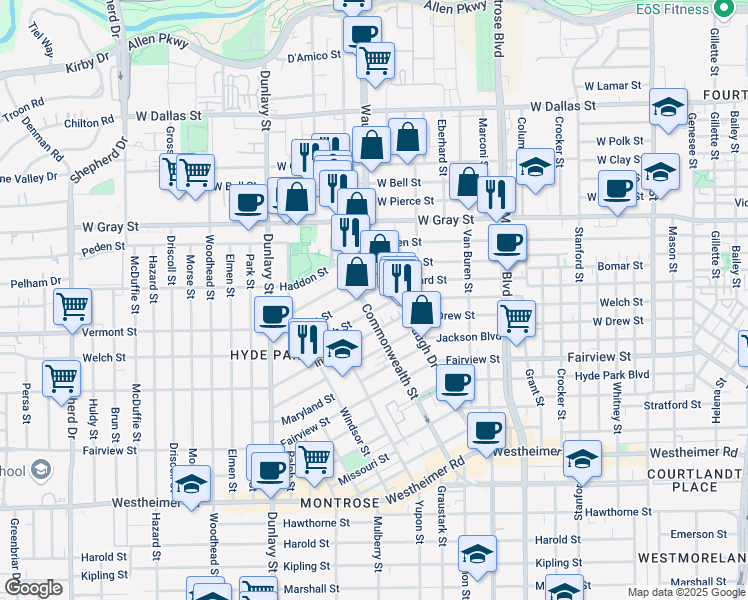 map of restaurants, bars, coffee shops, grocery stores, and more near 1823 Waugh Drive in Houston