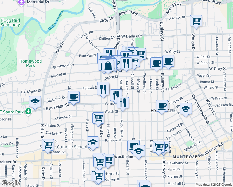 map of restaurants, bars, coffee shops, grocery stores, and more near 1700 Brun Street in Houston