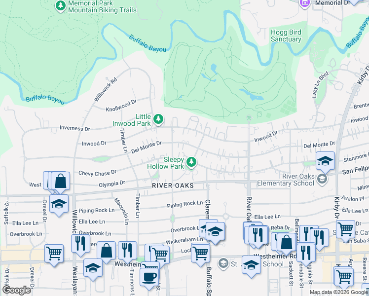 map of restaurants, bars, coffee shops, grocery stores, and more near 3414 Del Monte Drive in Houston