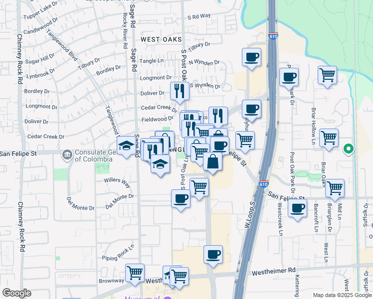 map of restaurants, bars, coffee shops, grocery stores, and more near 1609 South Post Oak Lane in Houston