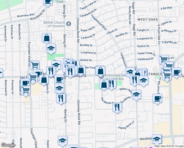 map of restaurants, bars, coffee shops, grocery stores, and more near 5625 Cedar Creek Drive in Houston