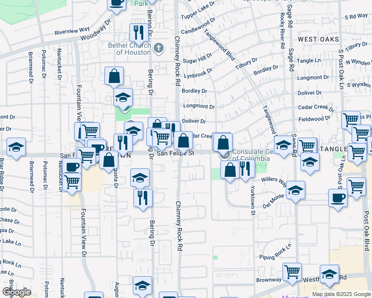 map of restaurants, bars, coffee shops, grocery stores, and more near 5673 Cedar Creek Drive in Houston