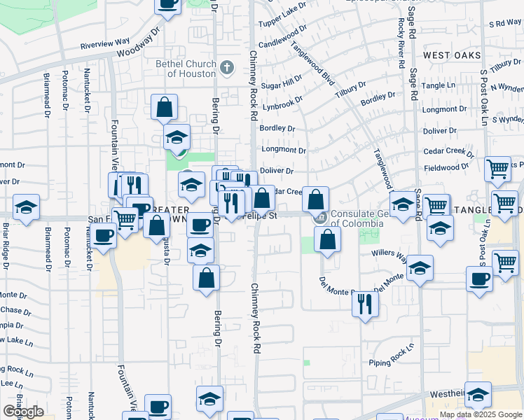 map of restaurants, bars, coffee shops, grocery stores, and more near 5673 Cedar Creek Drive in Houston