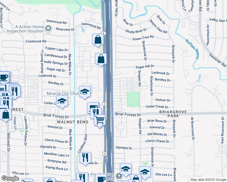 map of restaurants, bars, coffee shops, grocery stores, and more near 1075 West Sam Houston Parkway South in Houston
