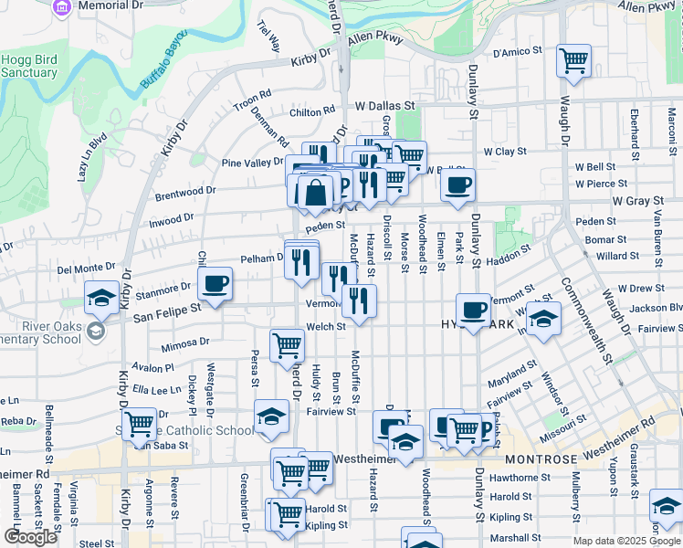 map of restaurants, bars, coffee shops, grocery stores, and more near 1700 Brun Street in Houston