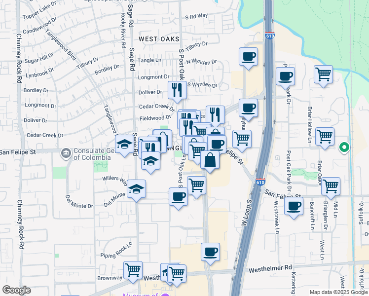 map of restaurants, bars, coffee shops, grocery stores, and more near 1609 South Post Oak Lane in Houston
