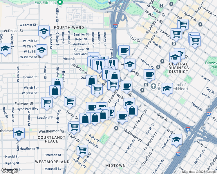 map of restaurants, bars, coffee shops, grocery stores, and more near 504 Gray Street in Houston