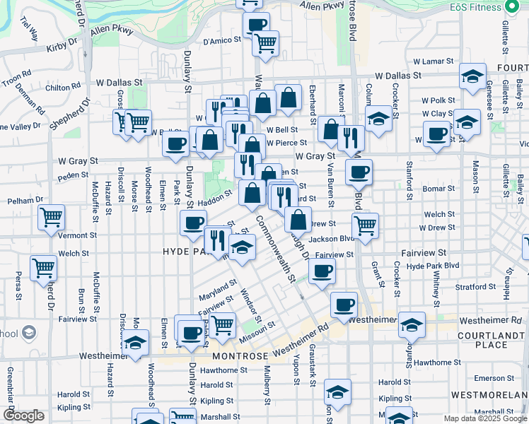 map of restaurants, bars, coffee shops, grocery stores, and more near 1903 Commonwealth Street in Houston