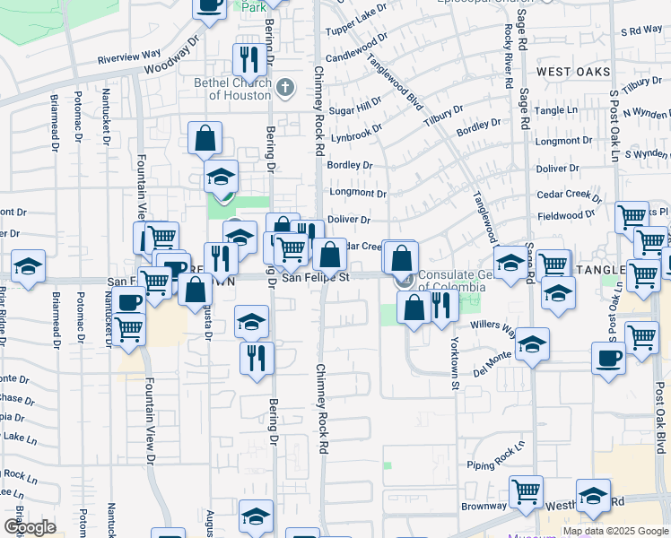 map of restaurants, bars, coffee shops, grocery stores, and more near 5673 Cedar Creek Drive in Houston