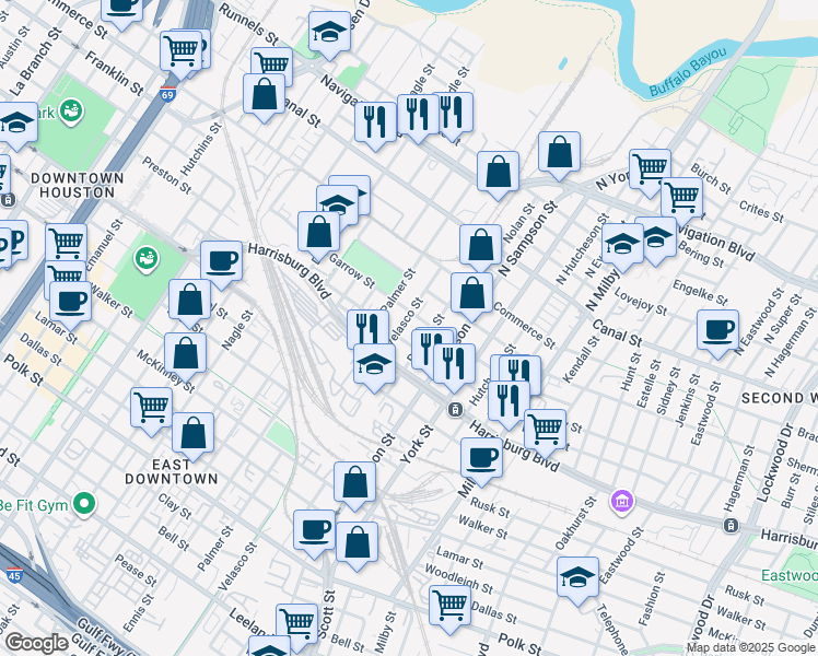 map of restaurants, bars, coffee shops, grocery stores, and more near 215 Velasco Street in Houston