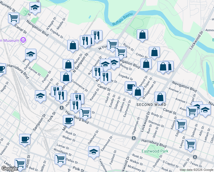 map of restaurants, bars, coffee shops, grocery stores, and more near 119 North Kendall Street in Houston