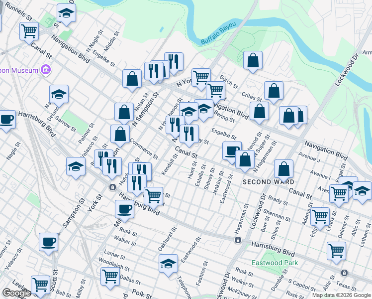 map of restaurants, bars, coffee shops, grocery stores, and more near 119 North Kendall Street in Houston