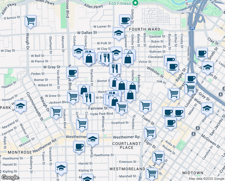 map of restaurants, bars, coffee shops, grocery stores, and more near 308 Willard Street in Houston