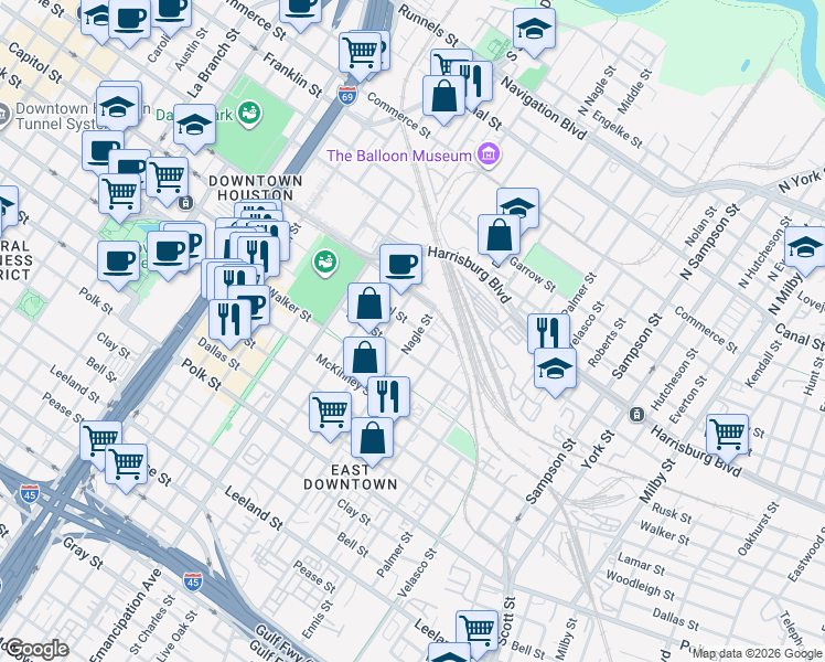 map of restaurants, bars, coffee shops, grocery stores, and more near 2620 Capitol Street in Houston