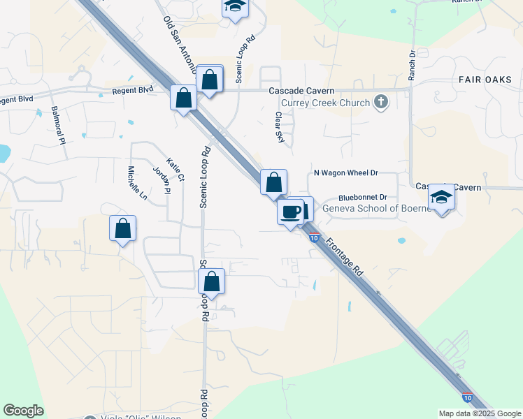 map of restaurants, bars, coffee shops, grocery stores, and more near 31205 Frontage Road in Boerne