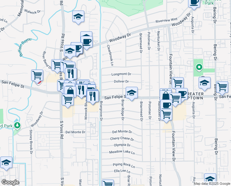 map of restaurants, bars, coffee shops, grocery stores, and more near in Houston