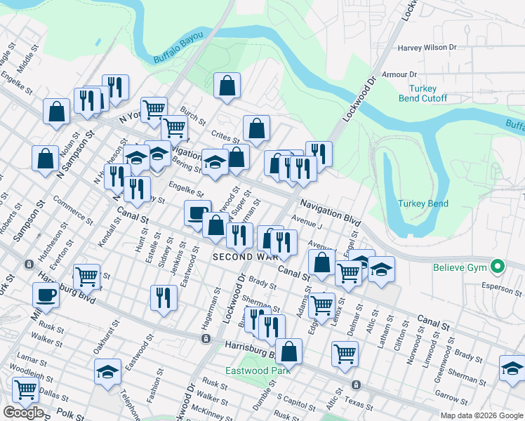 map of restaurants, bars, coffee shops, grocery stores, and more near 329 North Hagerman Street in Houston