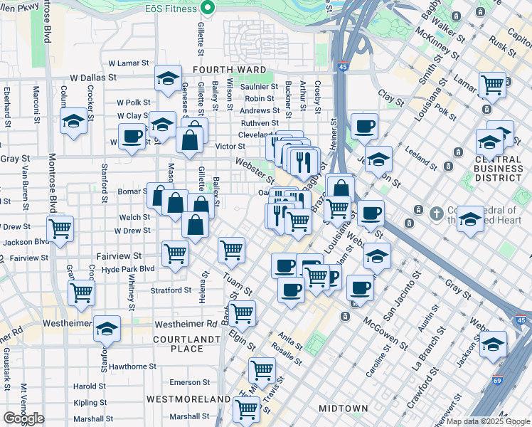 map of restaurants, bars, coffee shops, grocery stores, and more near 4 Hadley Street in Houston
