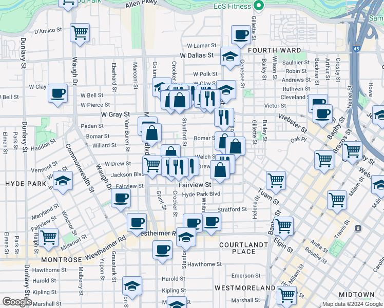 map of restaurants, bars, coffee shops, grocery stores, and more near 520 Willard Street in Houston