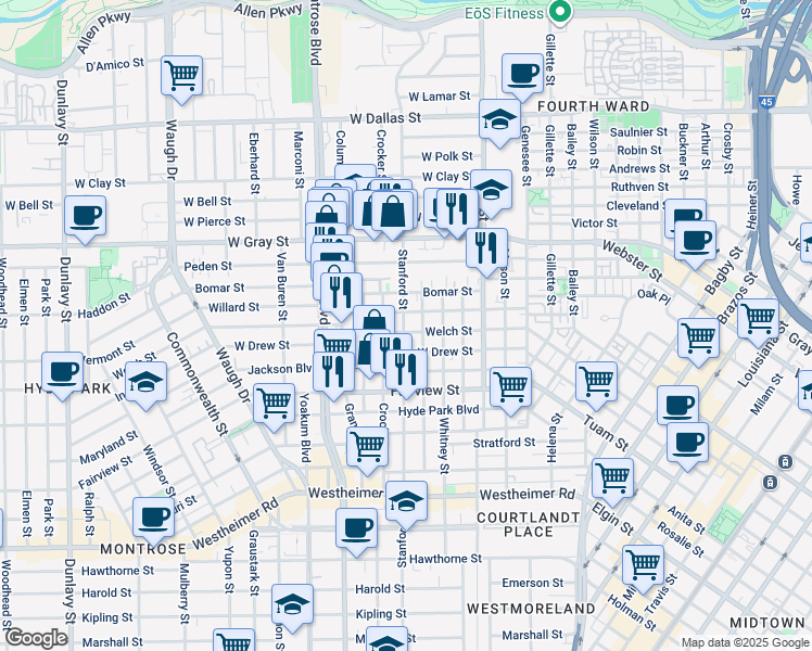 map of restaurants, bars, coffee shops, grocery stores, and more near 718 Willard Street in Houston