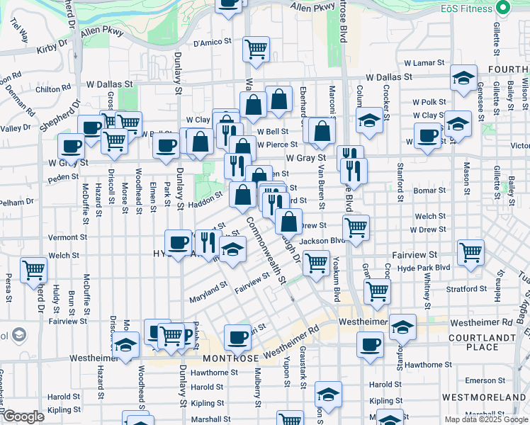 map of restaurants, bars, coffee shops, grocery stores, and more near 1823 Waugh Drive in Houston