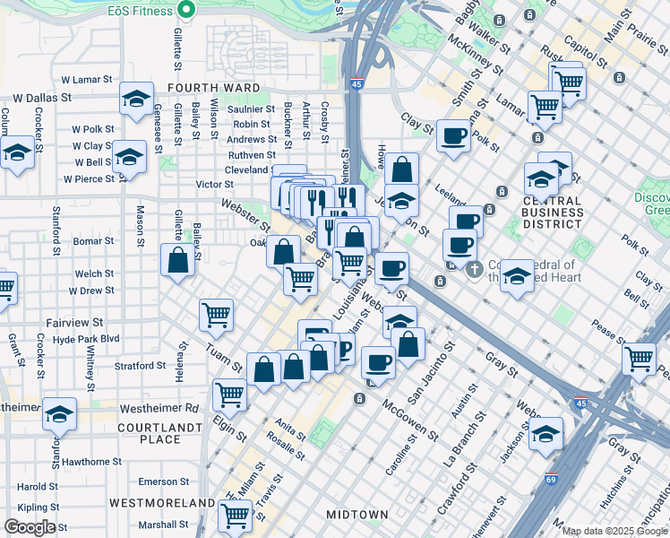 map of restaurants, bars, coffee shops, grocery stores, and more near 2118 Smith Street in Houston
