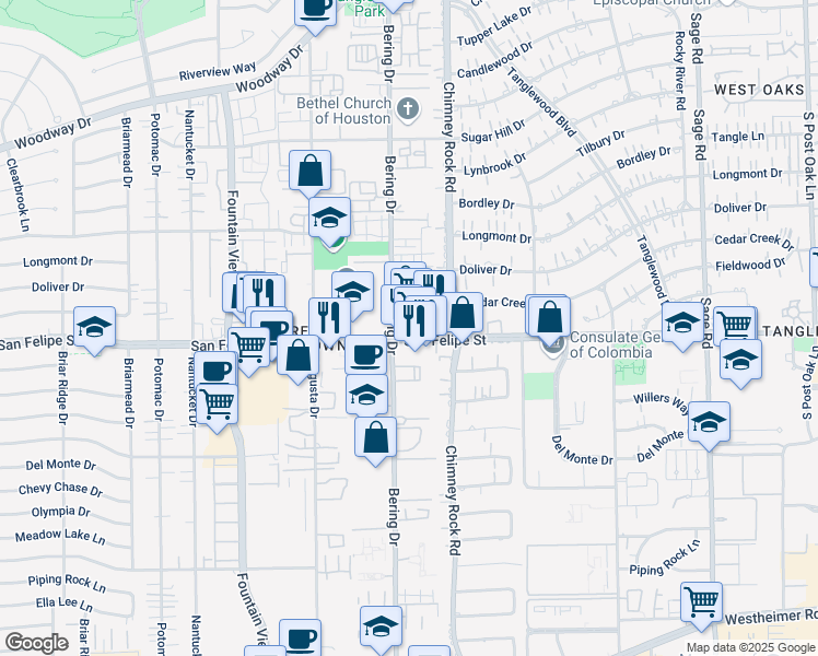 map of restaurants, bars, coffee shops, grocery stores, and more near 5740 San Felipe Street in Houston