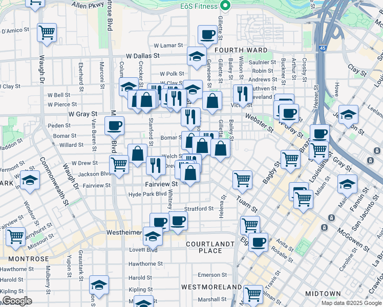 map of restaurants, bars, coffee shops, grocery stores, and more near 202 Willard Street in Houston