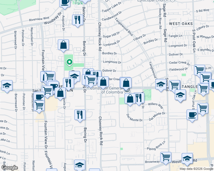 map of restaurants, bars, coffee shops, grocery stores, and more near 5673 Cedar Creek Drive in Houston