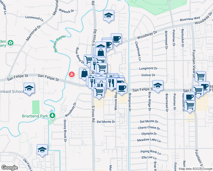 map of restaurants, bars, coffee shops, grocery stores, and more near 6464 San Felipe in Houston