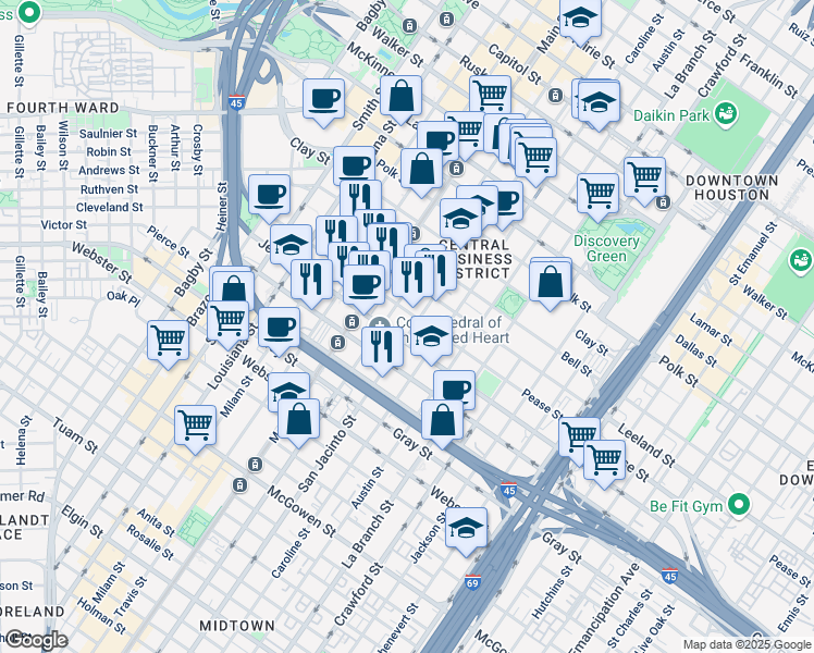 map of restaurants, bars, coffee shops, grocery stores, and more near 1700 San Jacinto Street in Houston
