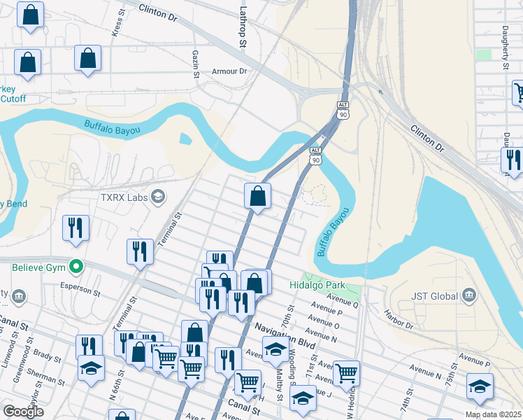 map of restaurants, bars, coffee shops, grocery stores, and more near 6821 Avenue V in Houston