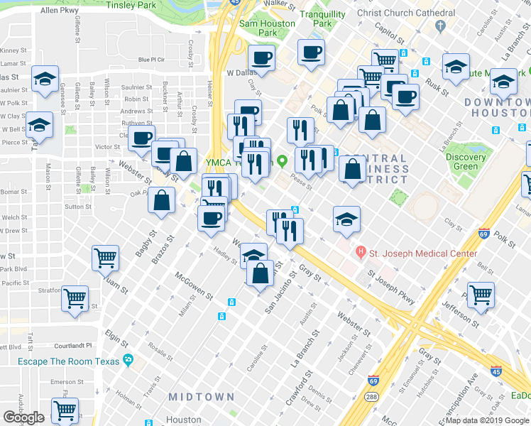 map of restaurants, bars, coffee shops, grocery stores, and more near 801 Saint Joseph Parkway in Houston