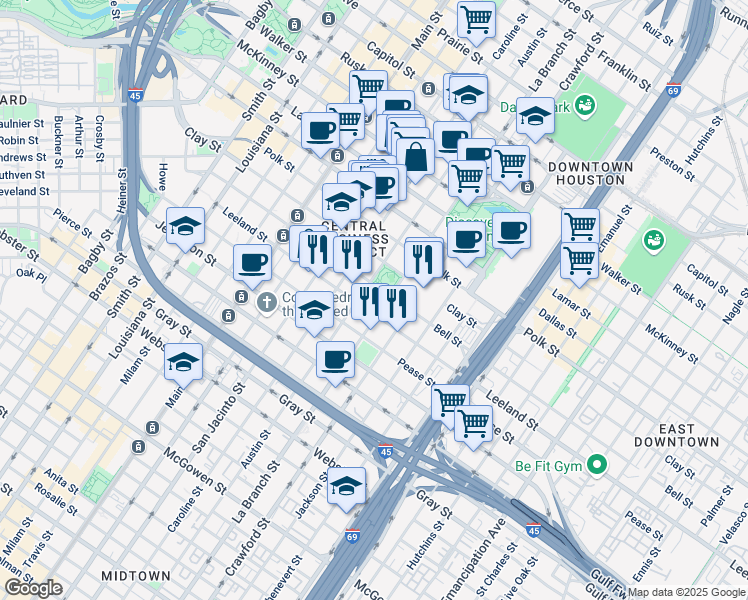 map of restaurants, bars, coffee shops, grocery stores, and more near 1400 Clay Street in Houston