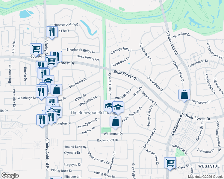 map of restaurants, bars, coffee shops, grocery stores, and more near 1535 Crystal Hills Drive in Houston