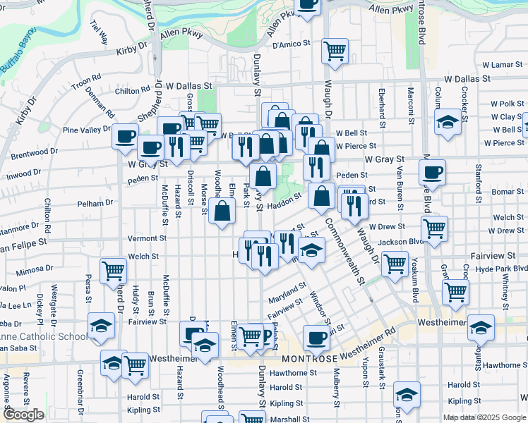 map of restaurants, bars, coffee shops, grocery stores, and more near 1705 Dunlavy Street in Houston