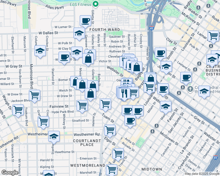map of restaurants, bars, coffee shops, grocery stores, and more near 5 Oak Court in Houston