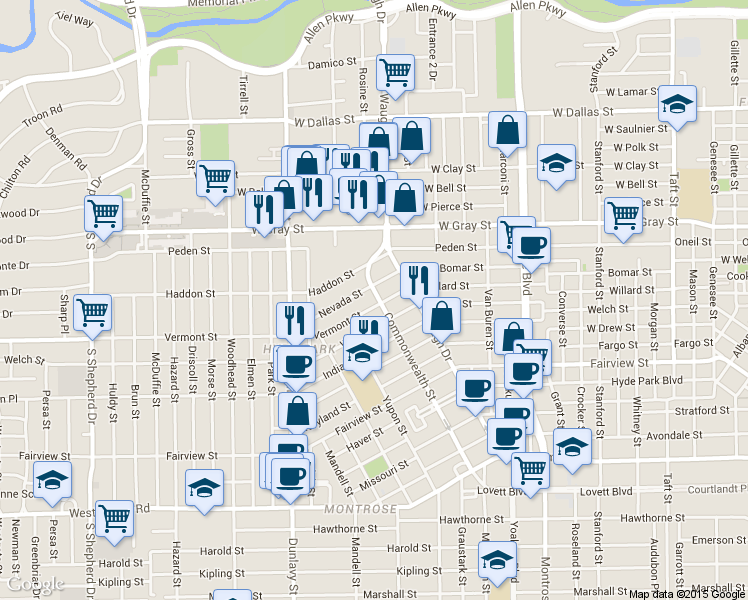 map of restaurants, bars, coffee shops, grocery stores, and more near in Houston