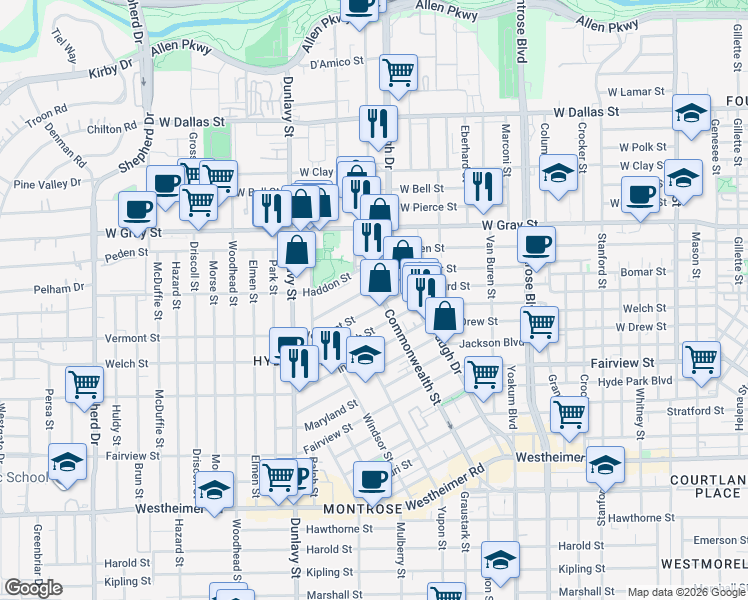 map of restaurants, bars, coffee shops, grocery stores, and more near in Houston