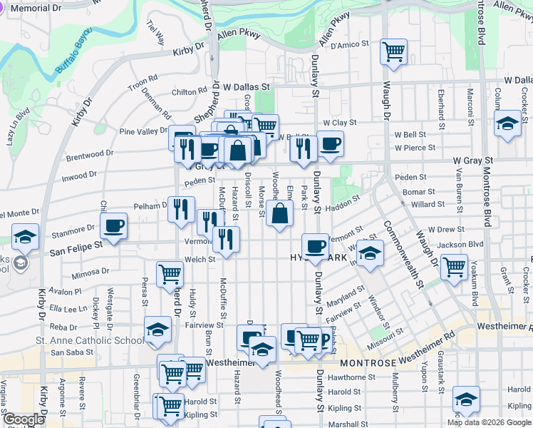 map of restaurants, bars, coffee shops, grocery stores, and more near 1954 Haddon Street in Houston