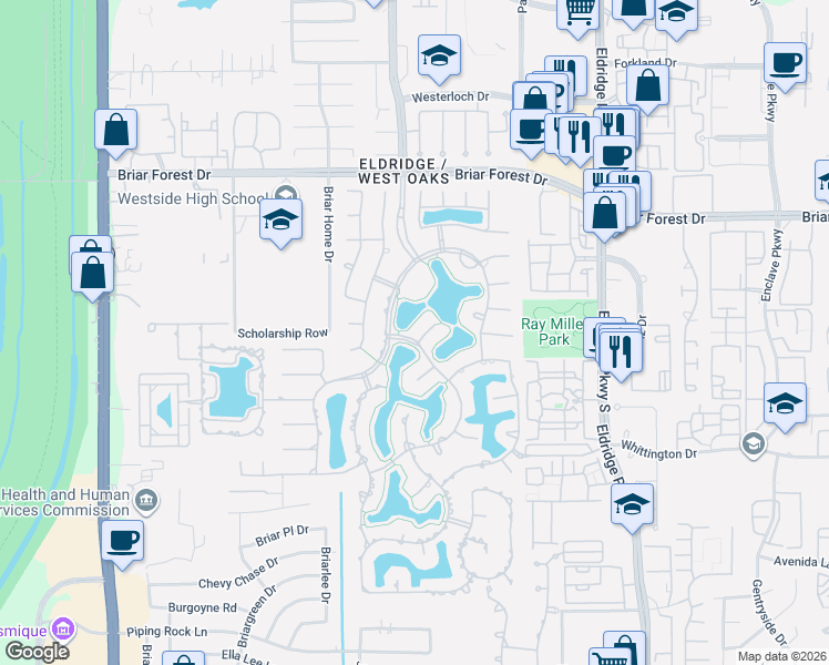 map of restaurants, bars, coffee shops, grocery stores, and more near 1806 Watercastle Court in Houston